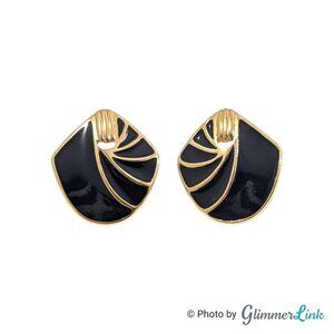 VTG 80s Trifari Black Enamel Art Deco Style Pierced Gold Tone Earrings
